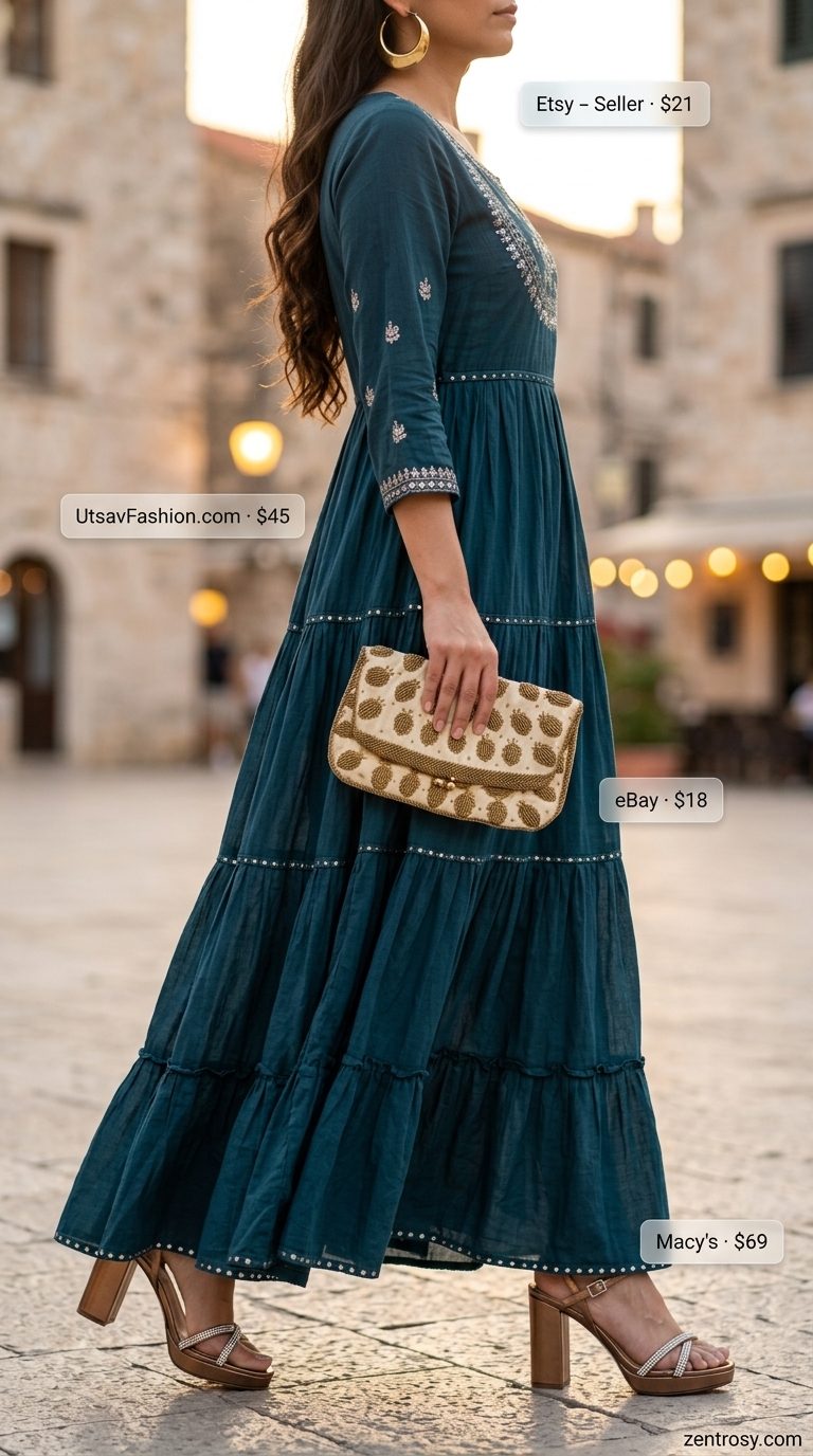Deep teal embroidered maxi dress for women 2026, ideal for vacation dinners and resort events. Styled with bronze sandals and gold earrings.