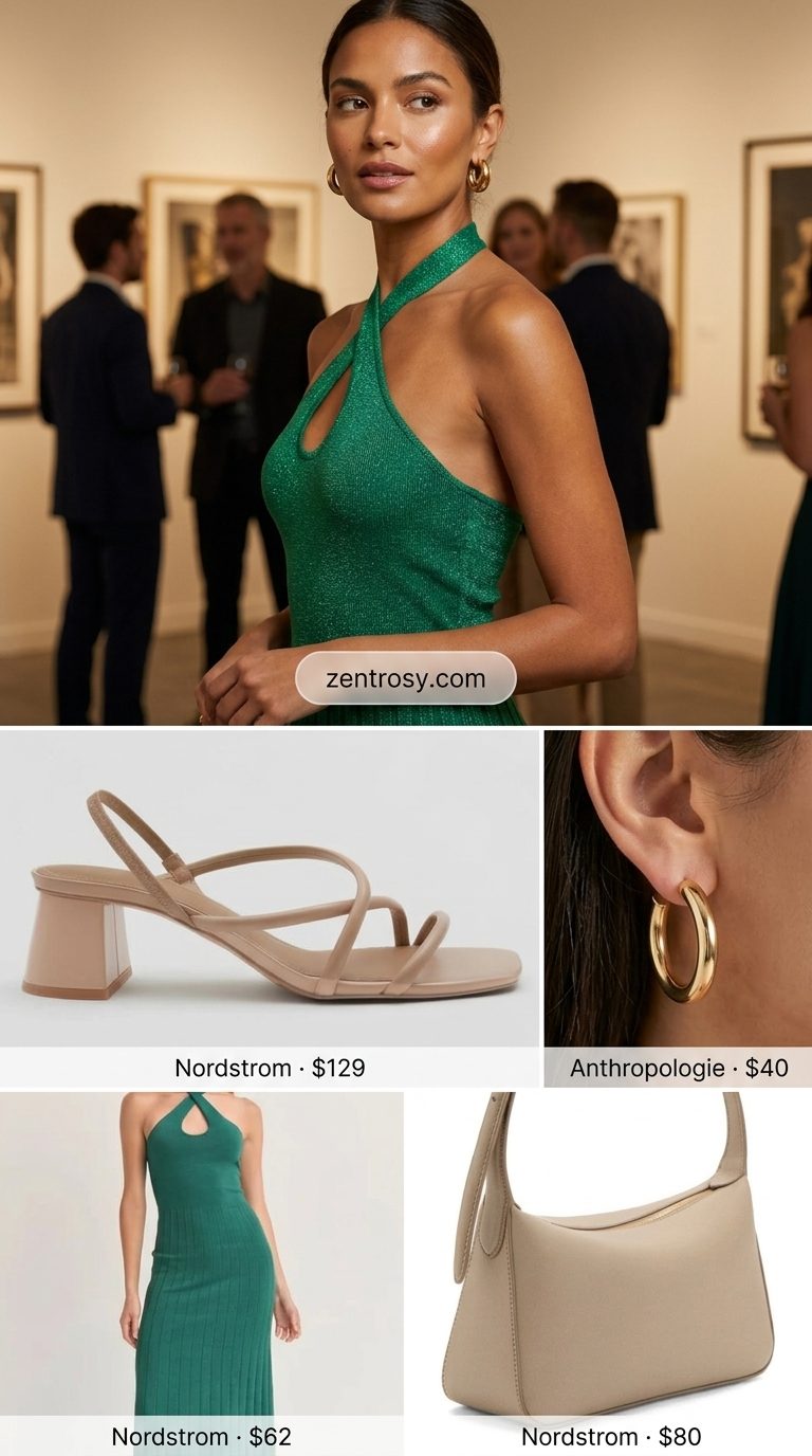 Bright emerald green knit midi halter dress for women 2026, perfect for art galleries and cocktail events. Styled with nude sandals and gold earrings.