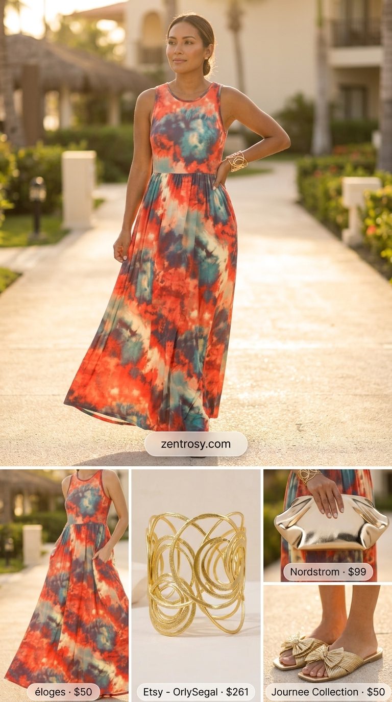Bold abstract print maxi caftan dress for women 2026, perfect for resort wear and cocktail parties. Styled with gold sandals and a metallic clutch.