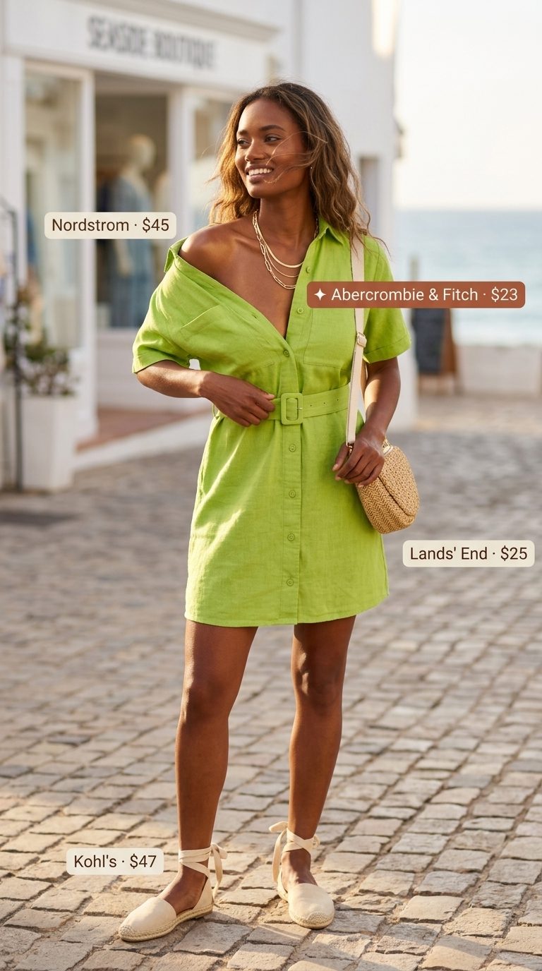 Sage green linen shirt dress for women 2026, perfect for seaside brunch with espadrille flats and straw bag.