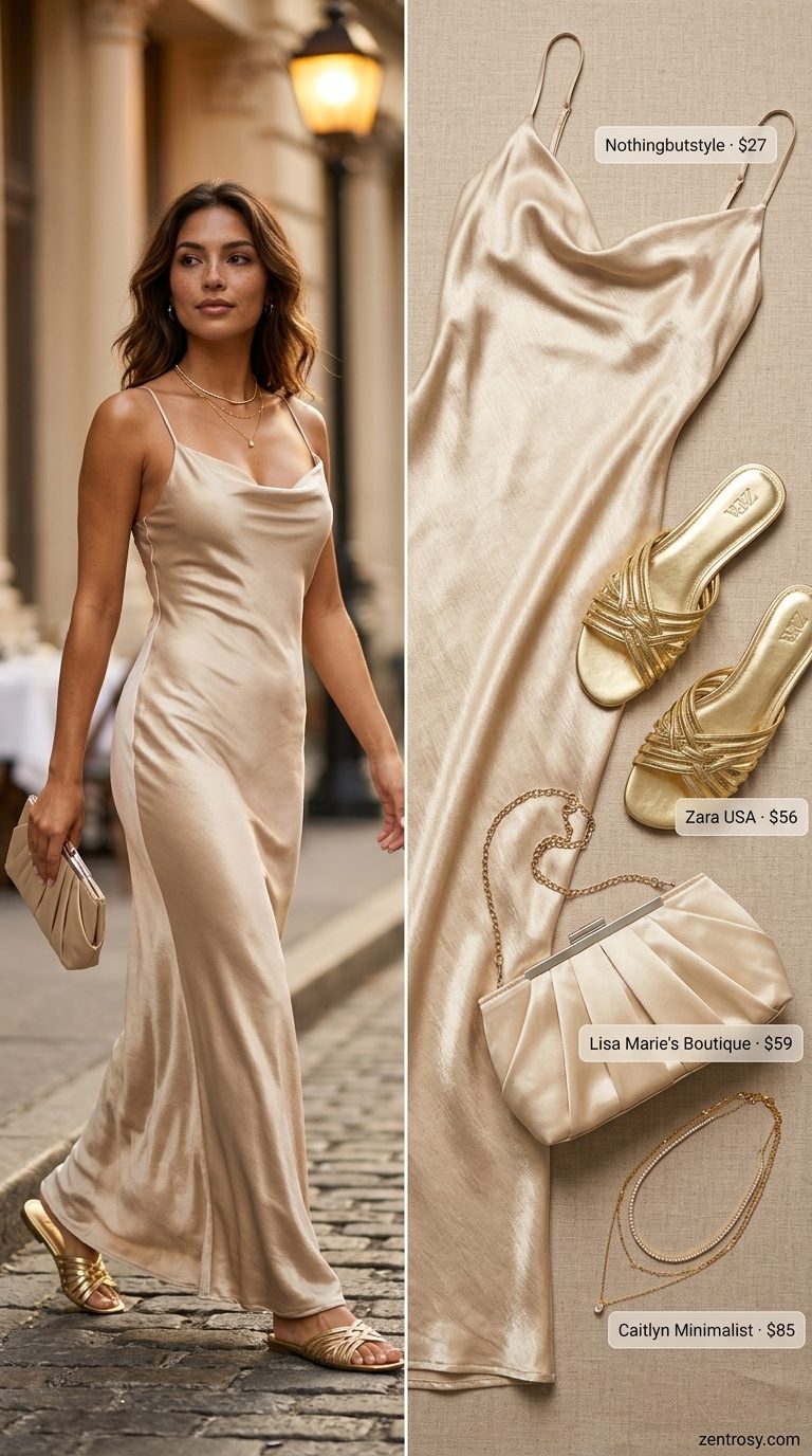 Champagne satin slip maxi dress for women 2026, elegant for sunset dinners with gold sandals and clutch.