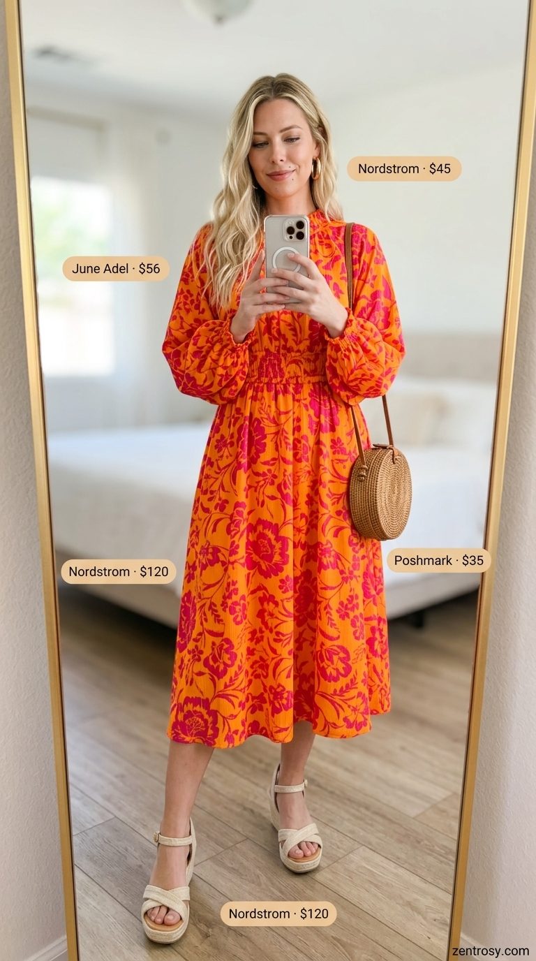 Fuchsia floral wrap midi dress for women 2026, perfect for summer brunch with espadrille wedges and rattan bag.