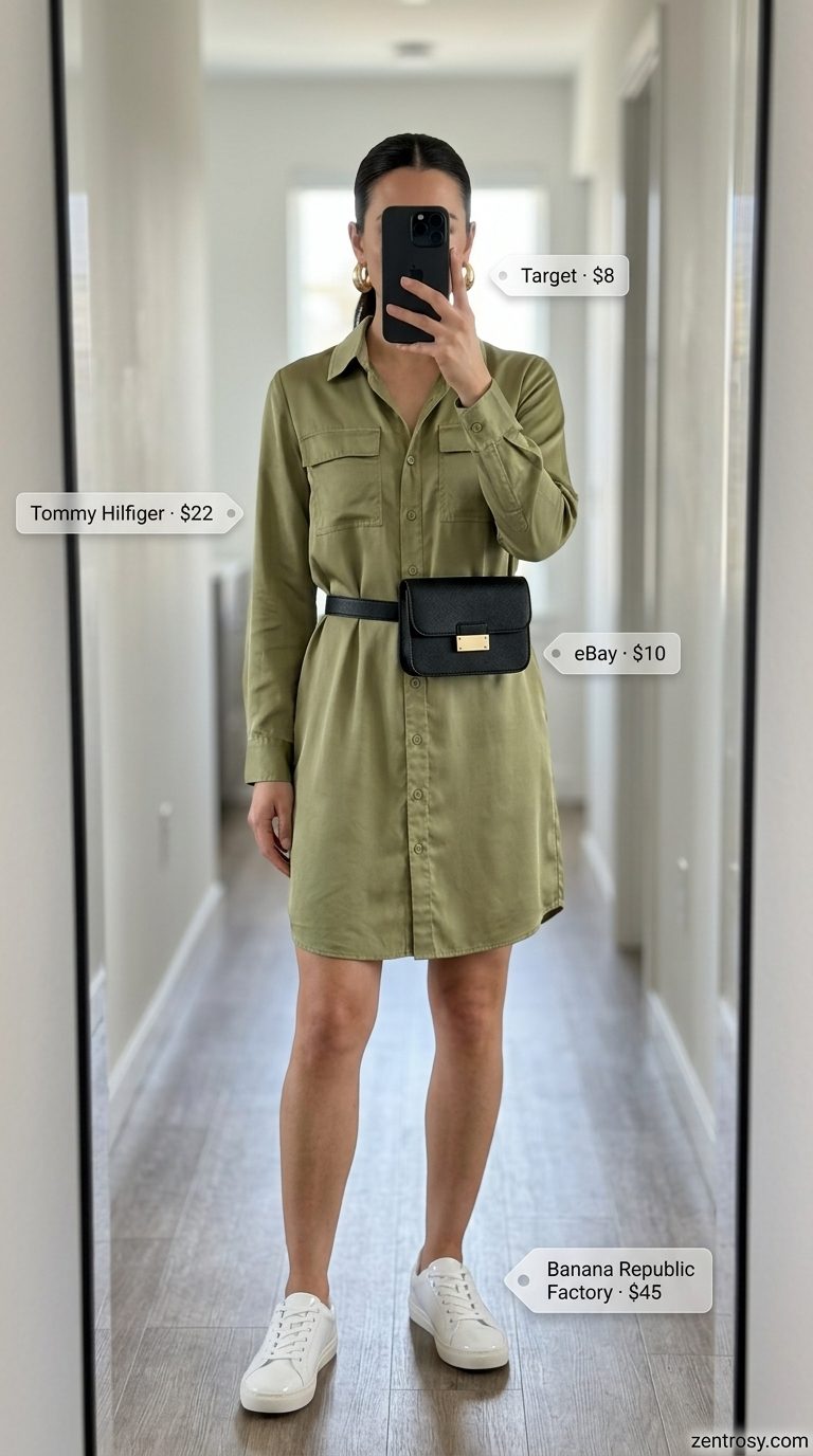 Olive green utility shirt dress for women 2026, perfect for urban exploration with white sneakers and belt bag.