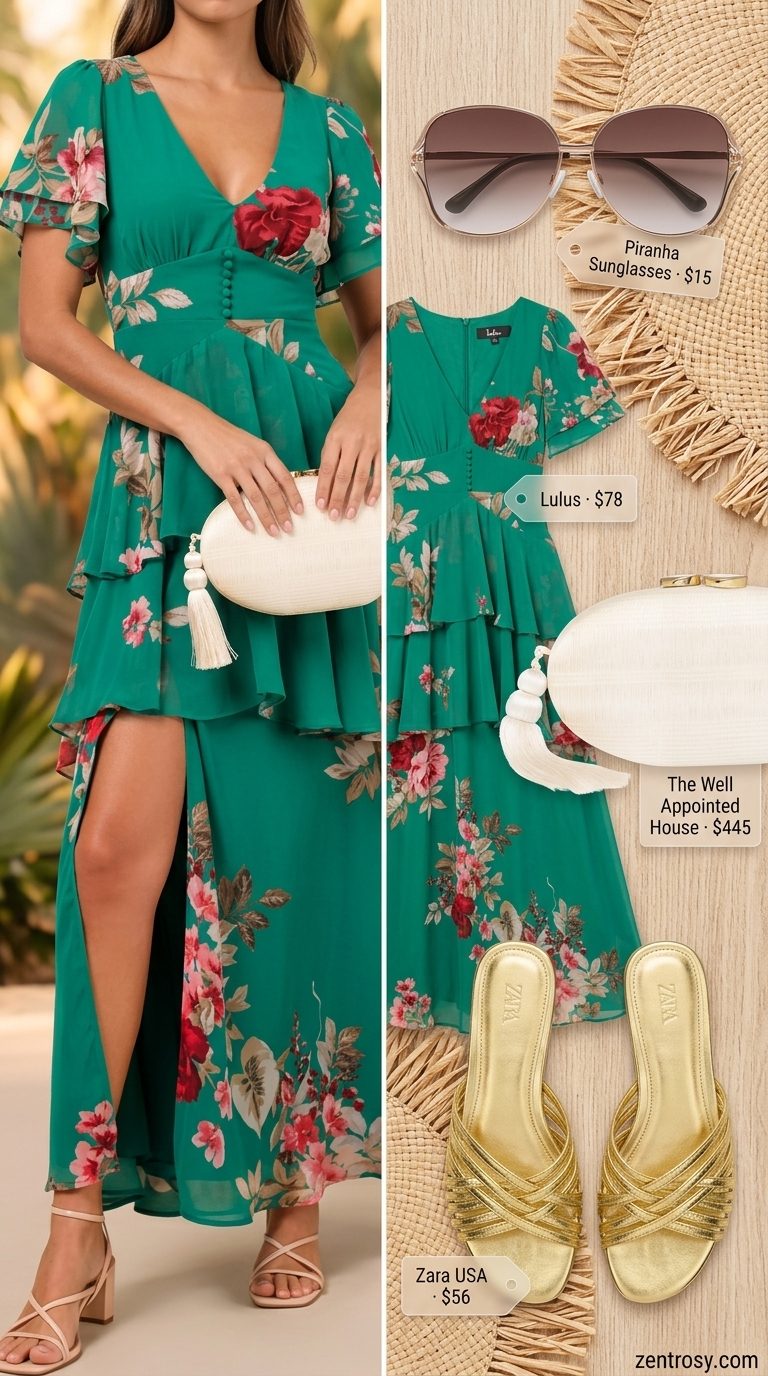 Emerald green chiffon caftan dress for women, with gold sandals and straw clutch. Day dresses summer 2026.