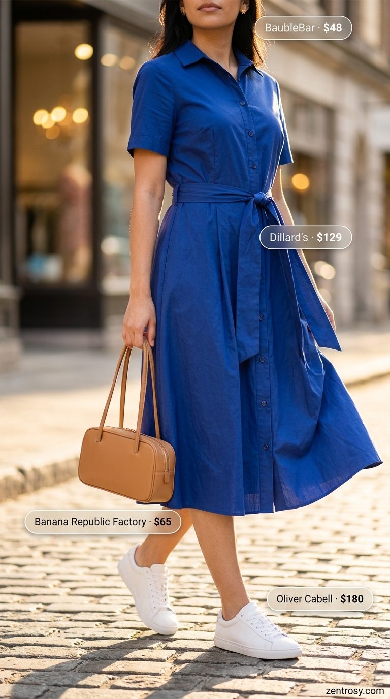 Cobalt blue cotton poplin midi shirt dress for women, paired with white sneakers and tan bag. Day dresses summer 2026.