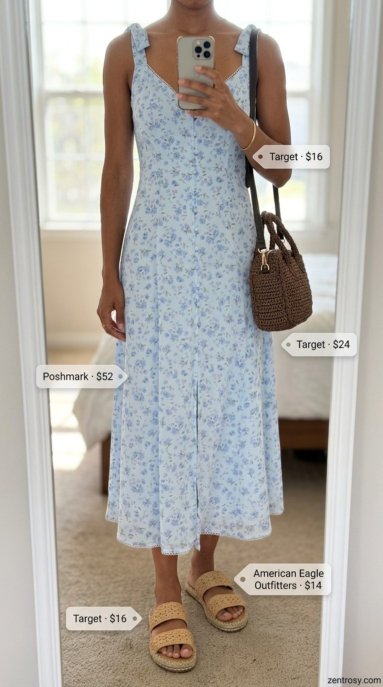 Sky blue floral print sundress for women, with straw tote and espadrille slides. Day dresses summer 2026.