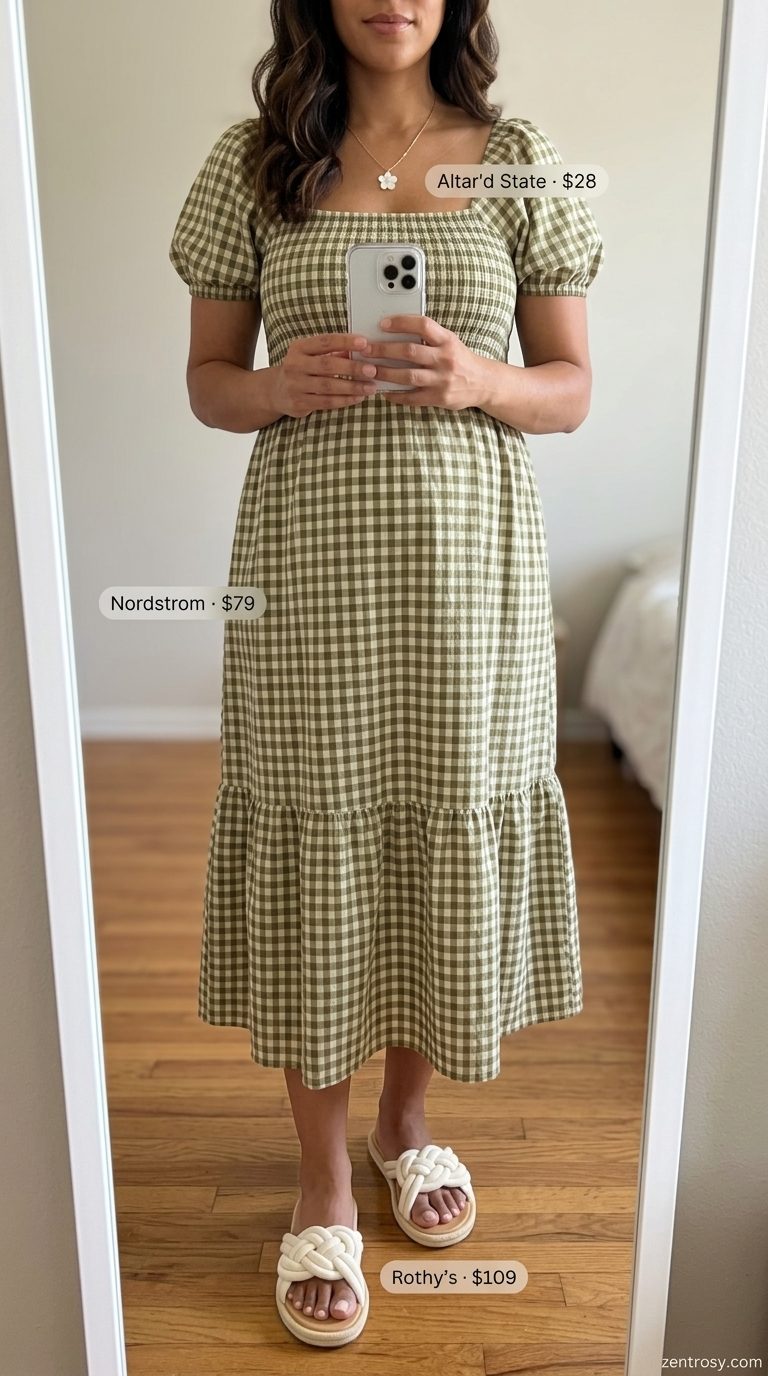 Sage green gingham midi dress for women, with straw crossbody and flat sandals. Day dresses summer 2026.