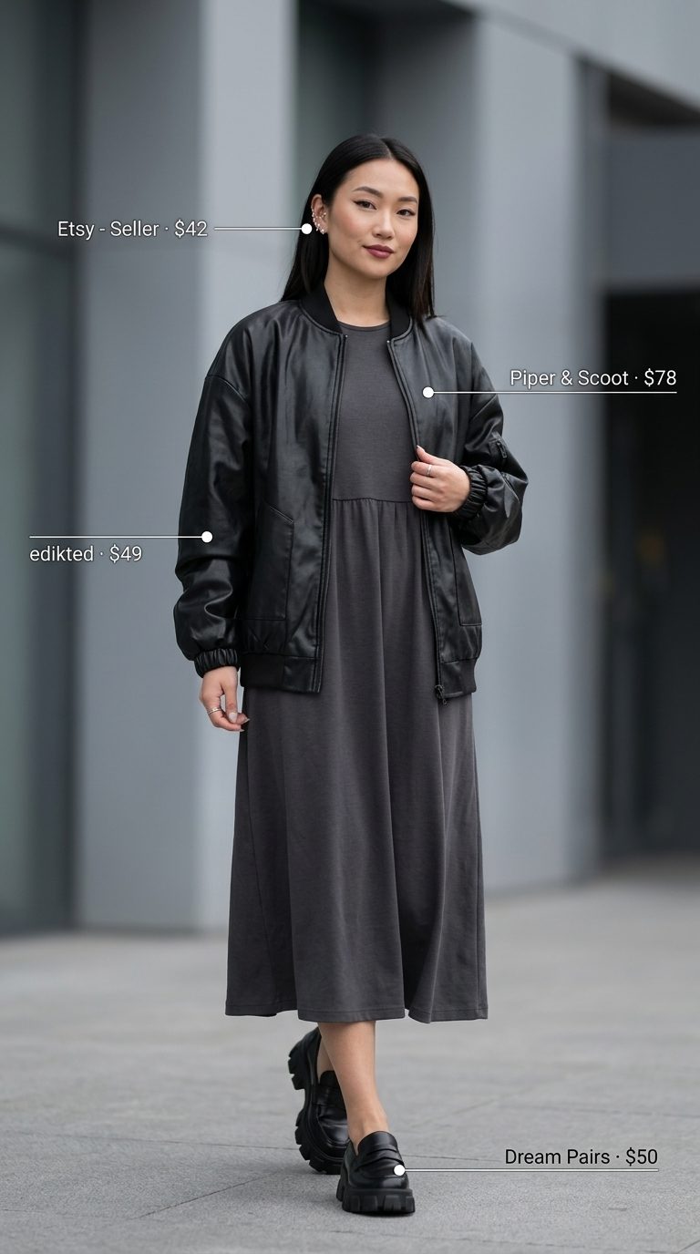 Charcoal gray knit midi dress for women, with moto jacket and loafers. Day dresses summer 2026.