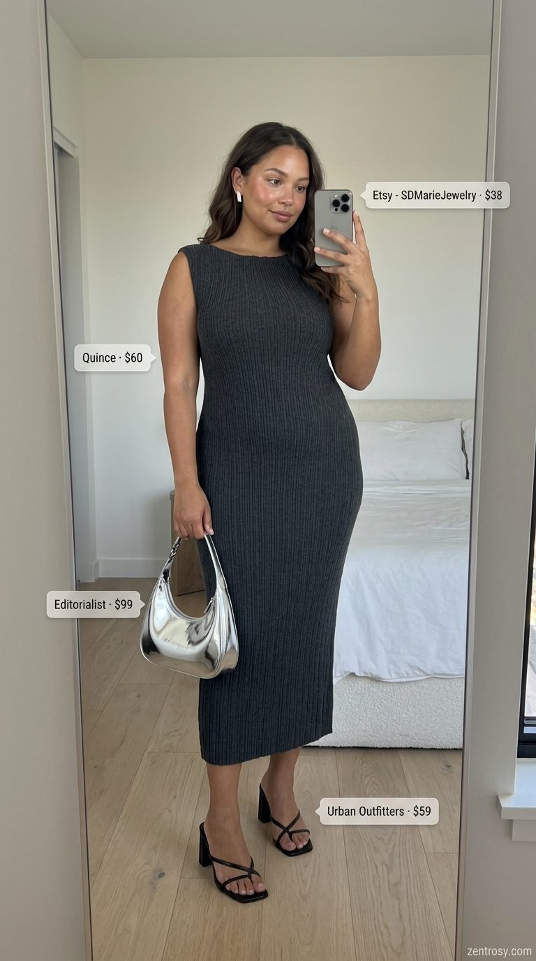 Charcoal gray ribbed knit maxi dress for women, with mules and silver bag. Day dresses summer 2026.