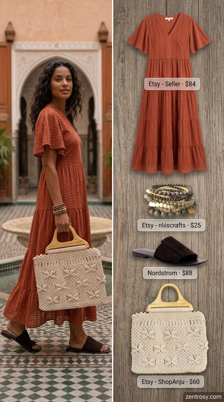 Terracotta tiered maxi dress for women, with macrame bag and leather sandals. Day dresses summer 2026.