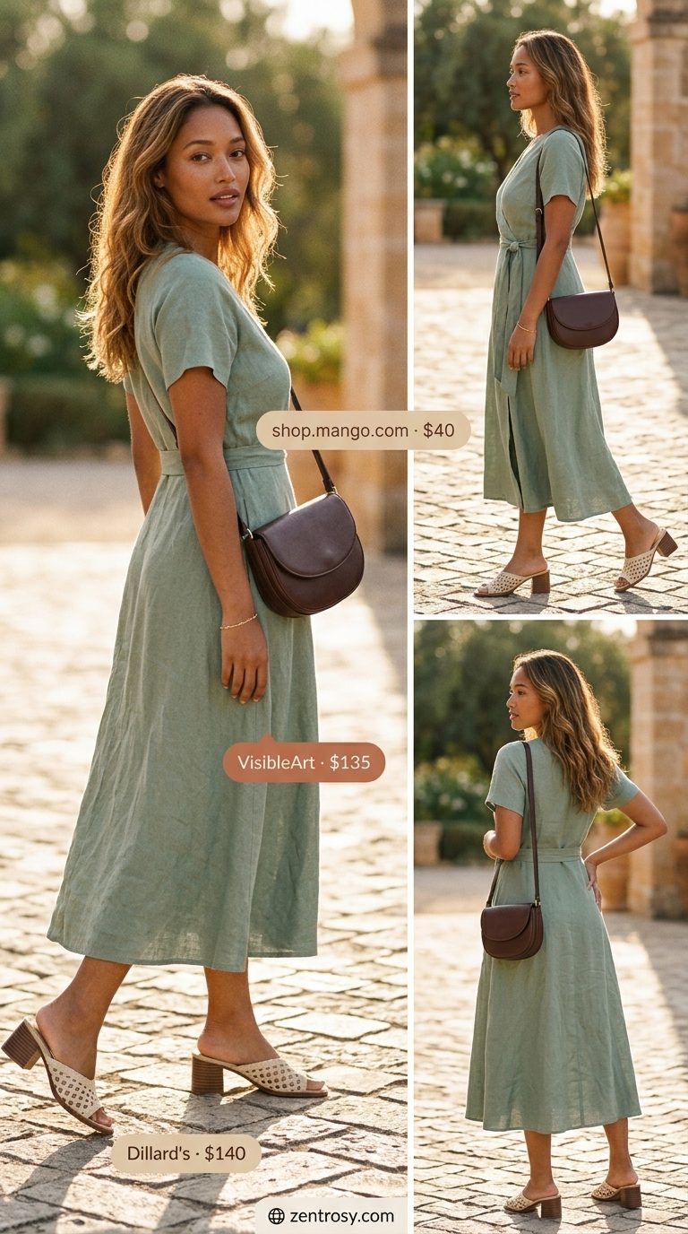 Olive green linen blend wrap dress for women, with heeled mules and shoulder bag. Day dresses summer 2026.