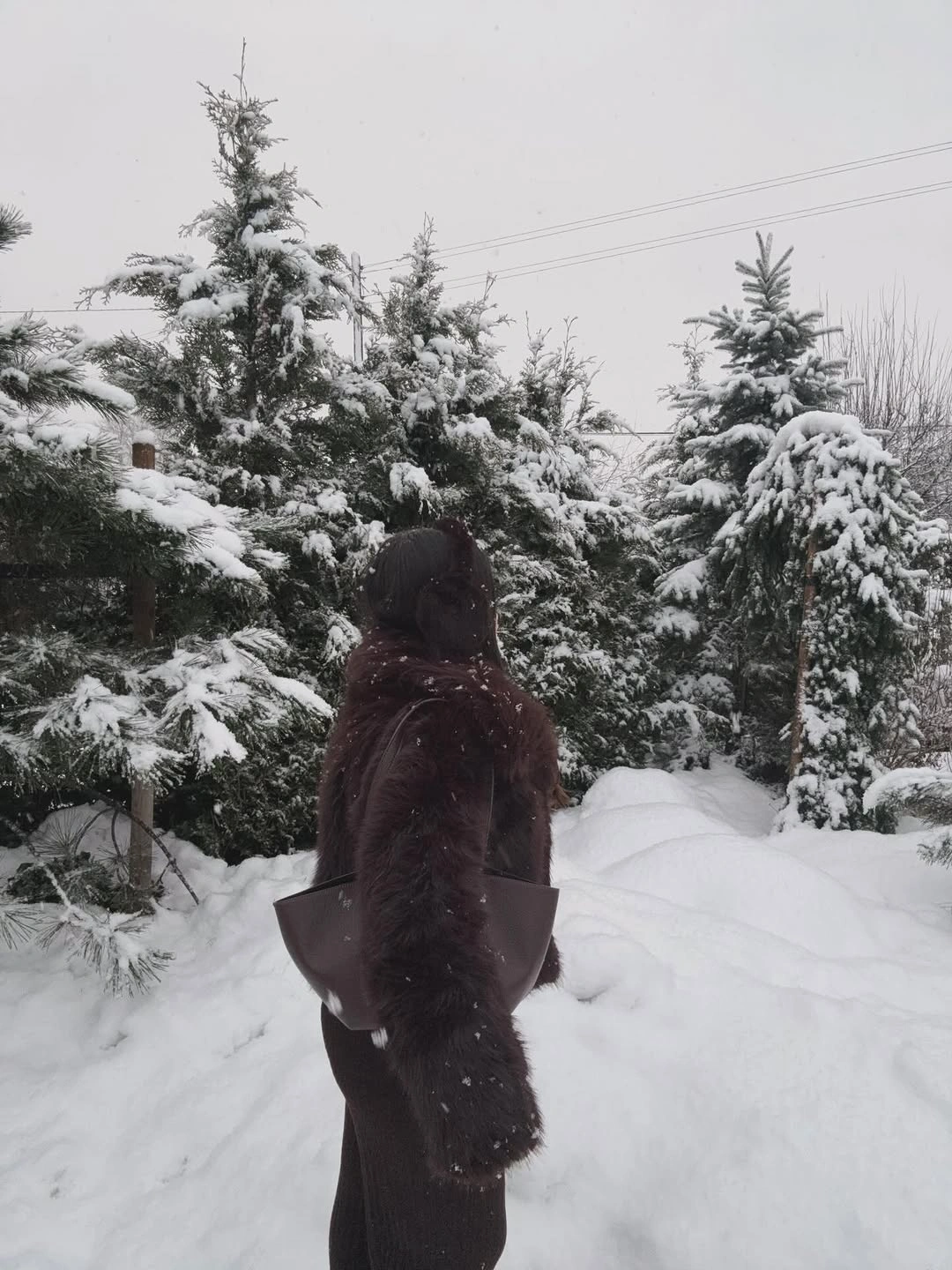 Woman in dark brown outfit with plush drape and wide tote in snow