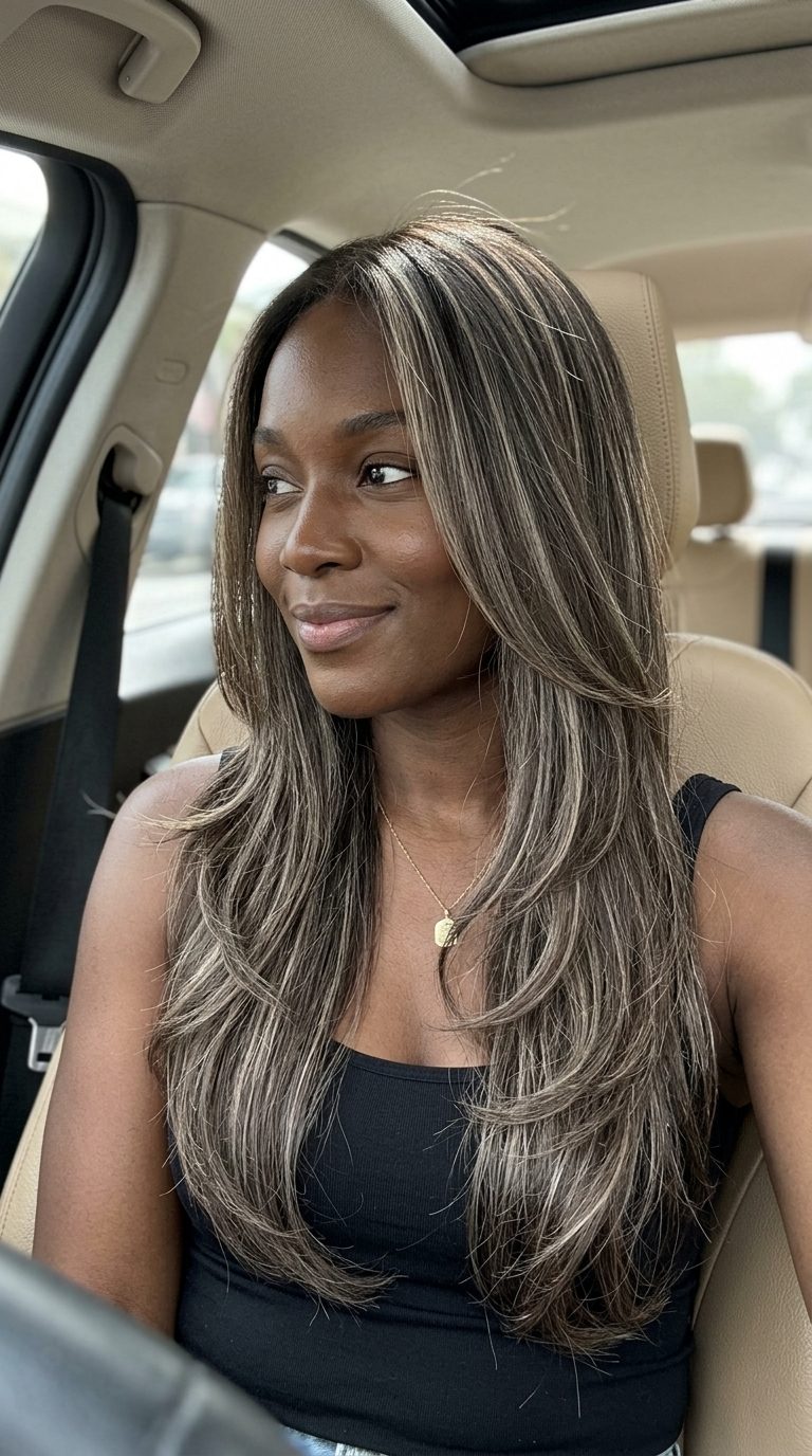 long layered hair with deep ash brown and cool ash blonde babylights, diffused face-framing — sophisticated