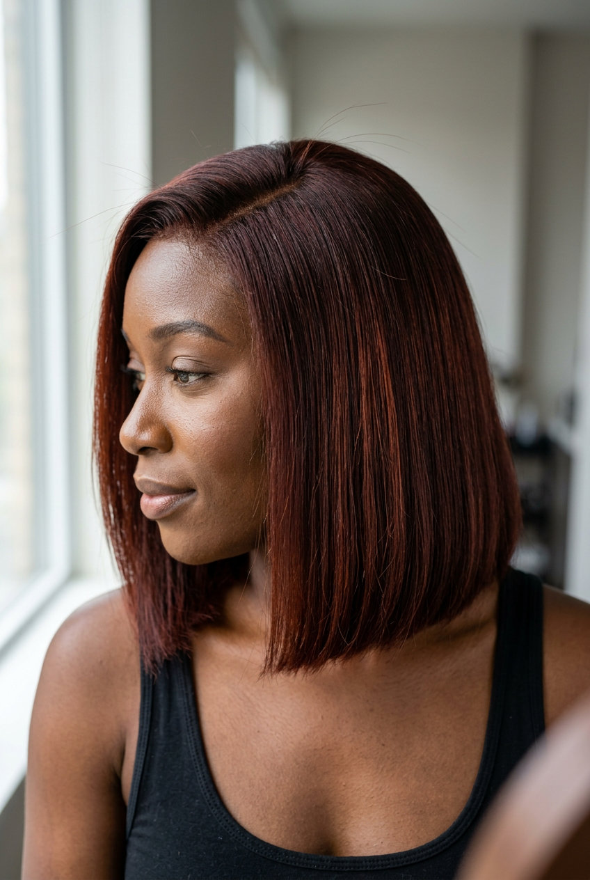 Vintage Auburn Blunt Lob: Bold & Glamorous 2026 medium lob haircut in deep auburn with mahogany undertones and blunt perimeter for autumn events