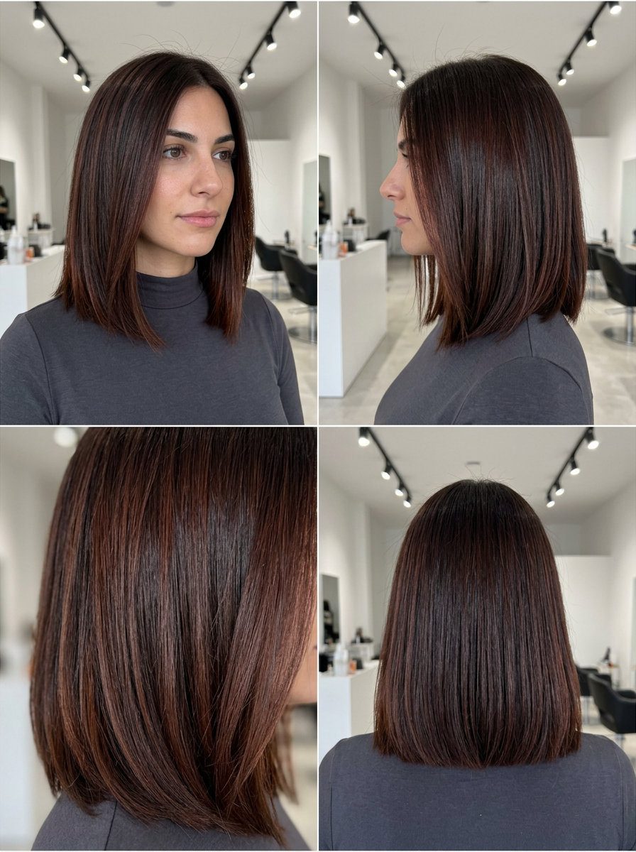 shoulder-length blunt cut with deep auburn glaze, subtle red tones, polished finish — sophisticated