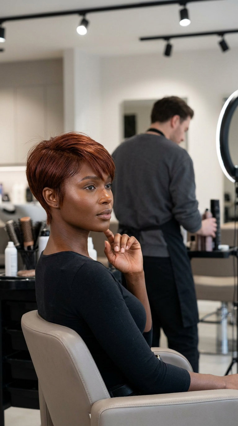 Deep Auburn Point-Cut Pixie Haircut 2026 very short pixie haircut in deep auburn with point-cut layers and swept fringe for elegant look
