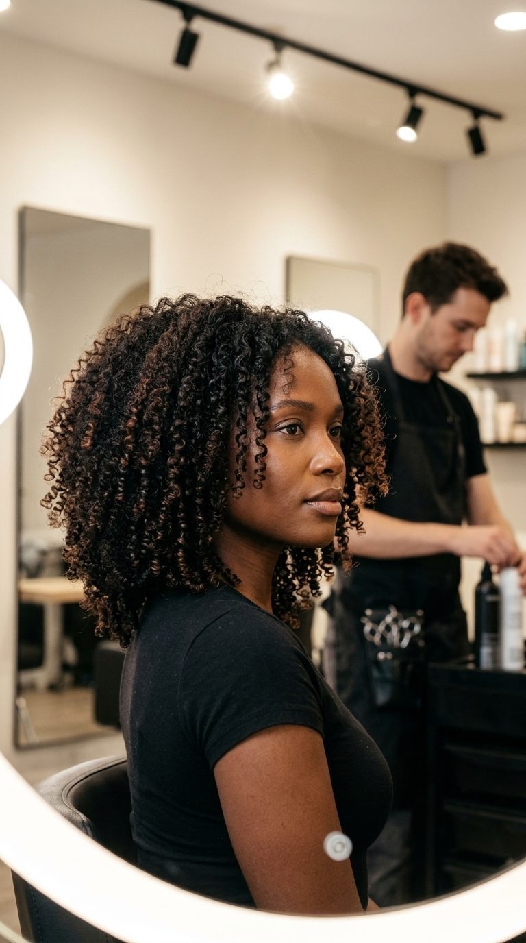 Deep Black Coiled Lob 2026: Defined & Bold medium coily lob haircut in deep natural black with auburn undertones, piecey coils, no bangs — bold daily wear