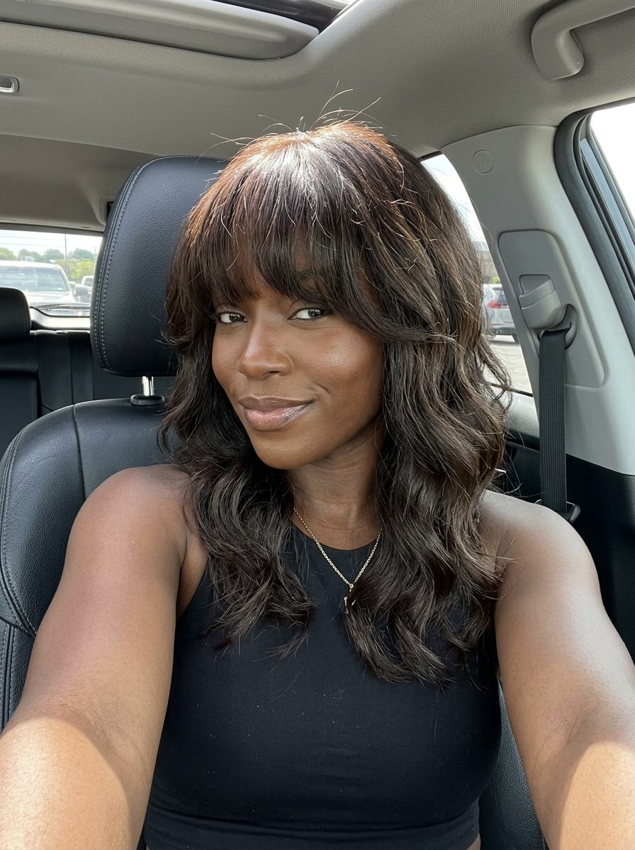 medium wavy shag haircut in rich deep brown with textured layers and brow-skimming fringe for festival