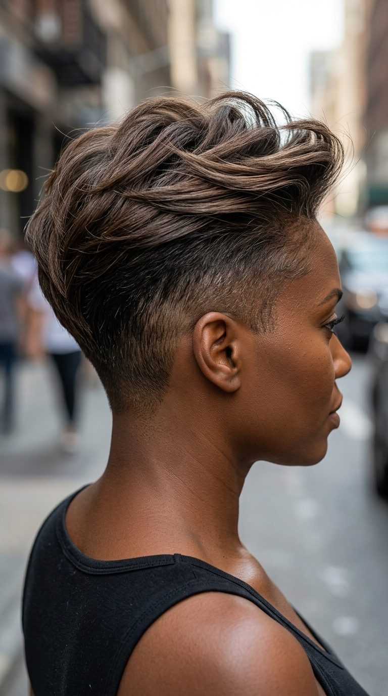 short disconnected haircut with deep brown clipper fade and textured top for androgynous cool