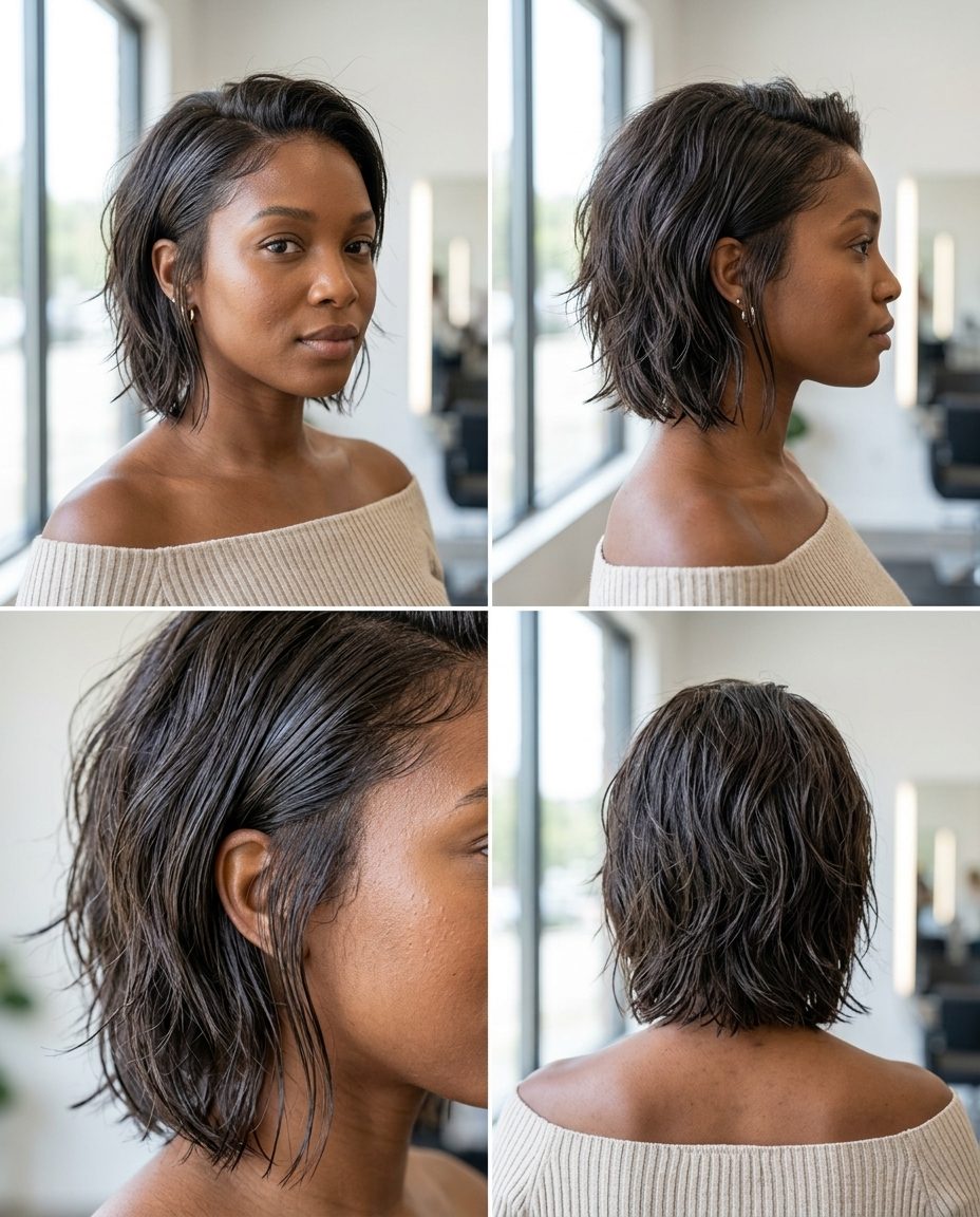 chin-length wavy shag haircut in deep brunette with clear gloss, internal layering, and slicked-back face-framing for modern minimal