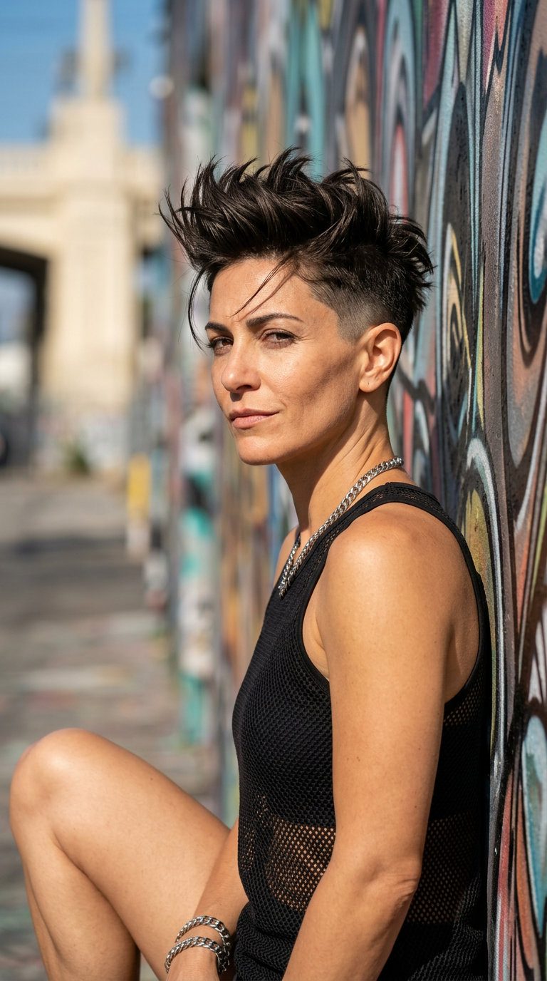 very short pixie haircut with deep natural brunette, textured top layers, faded undercut, no bangs — bold confident style
