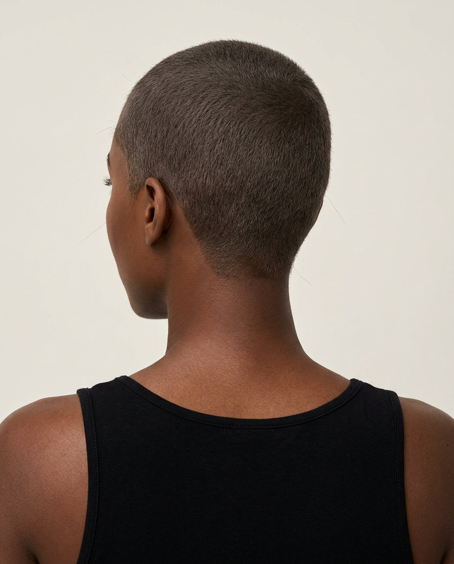 very short uniform ash brown buzz cut with tapered sides for edgy statement