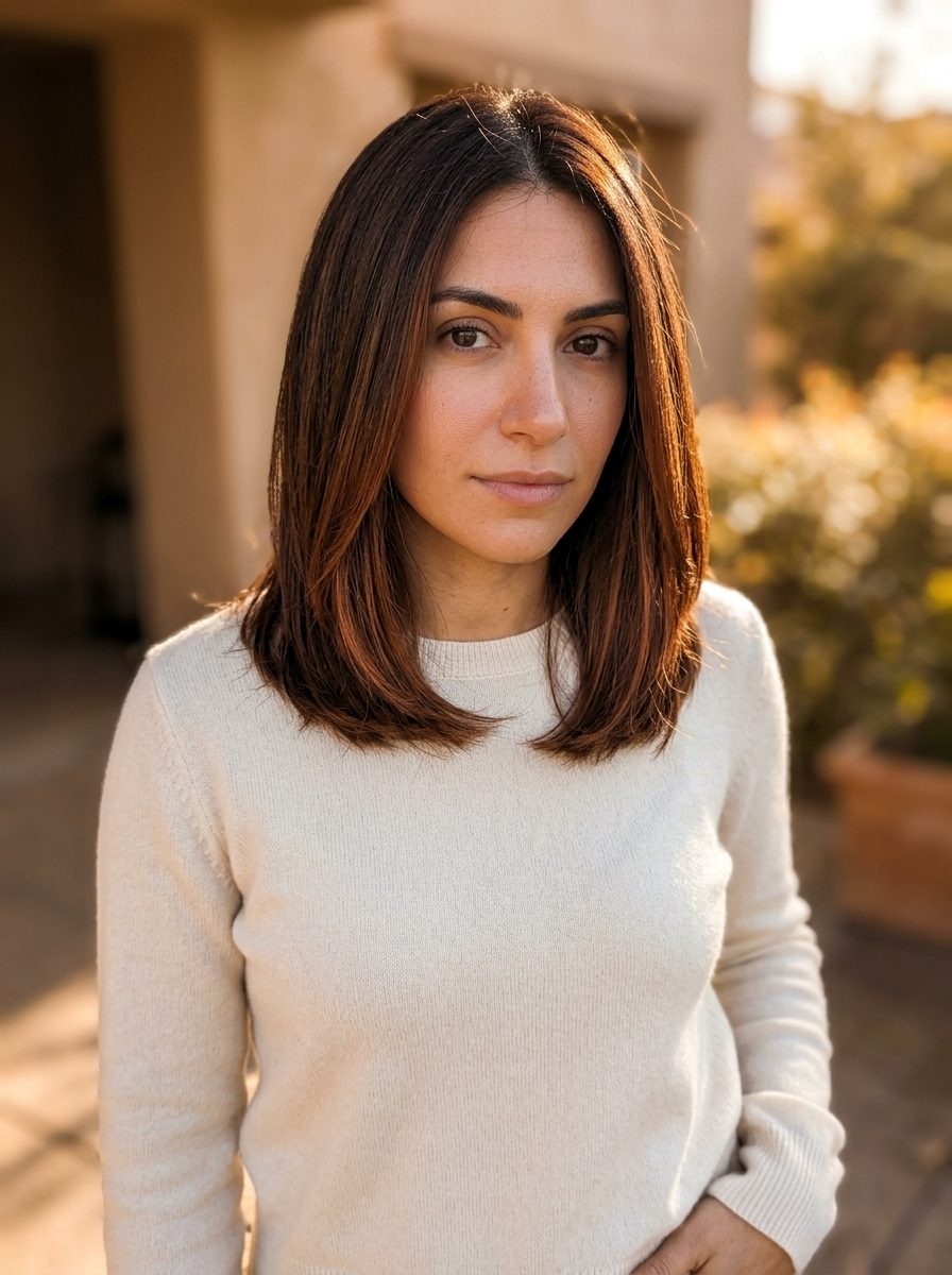 long textured deep copper-balayage with burnt toffee, soft root smudge technique — sophisticated daily wear style