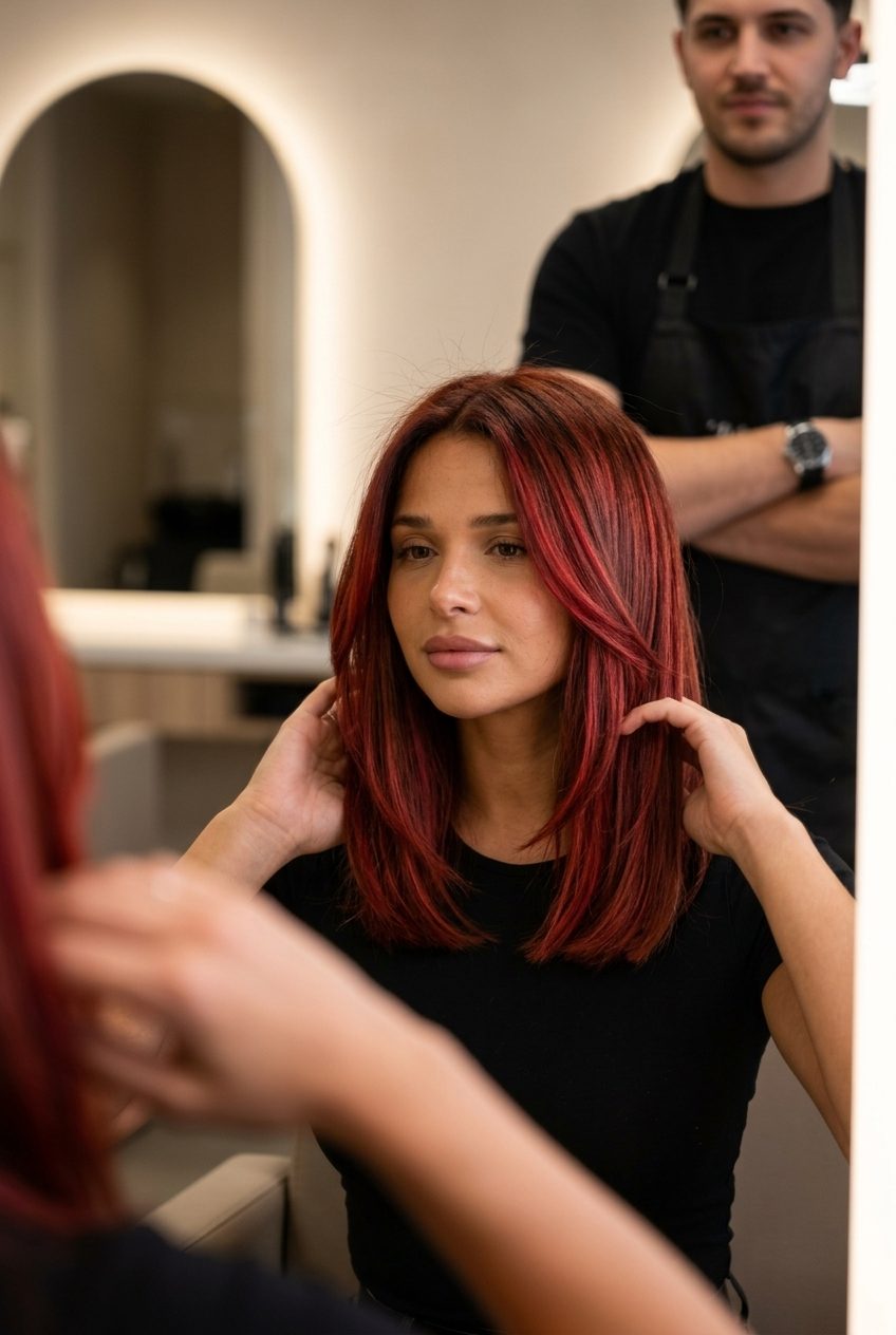 long blunt deep copper-crimson red balayage with auburn root, V-shape ribbon technique — glamorous evening gala look
