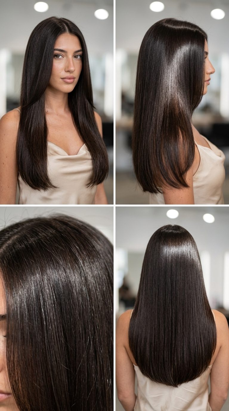 long hair espresso brunette with subtle internal layers, blunt U-shape cut for glamorous events