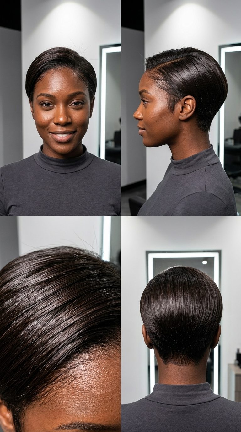 Liquid Gloss Pixie Haircut 2026 very short razored pixie haircut with deep espresso, high gloss, sculpted shape — edgy avant-garde evening