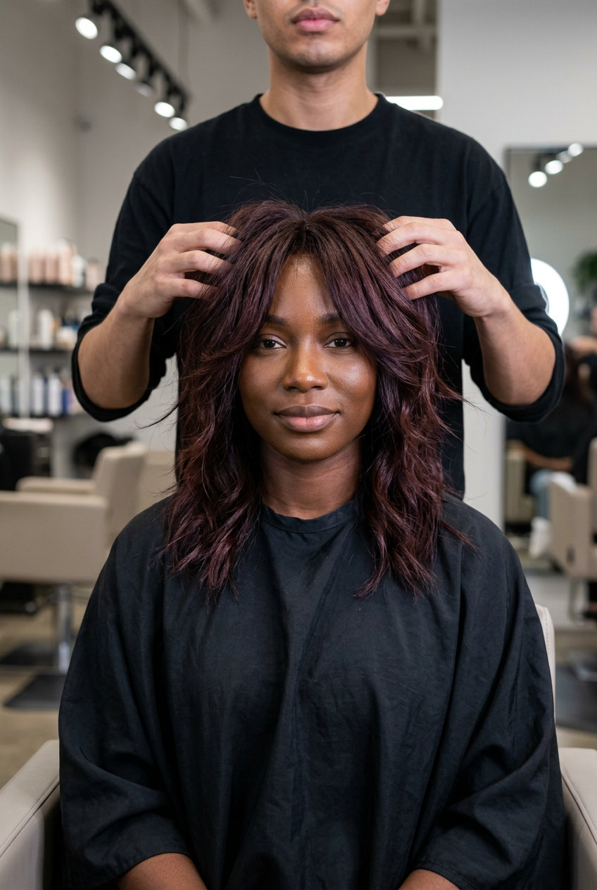shoulder-length wolf cut in deep mahogany with auburn undertones, choppy layers, no bangs — edgy night out