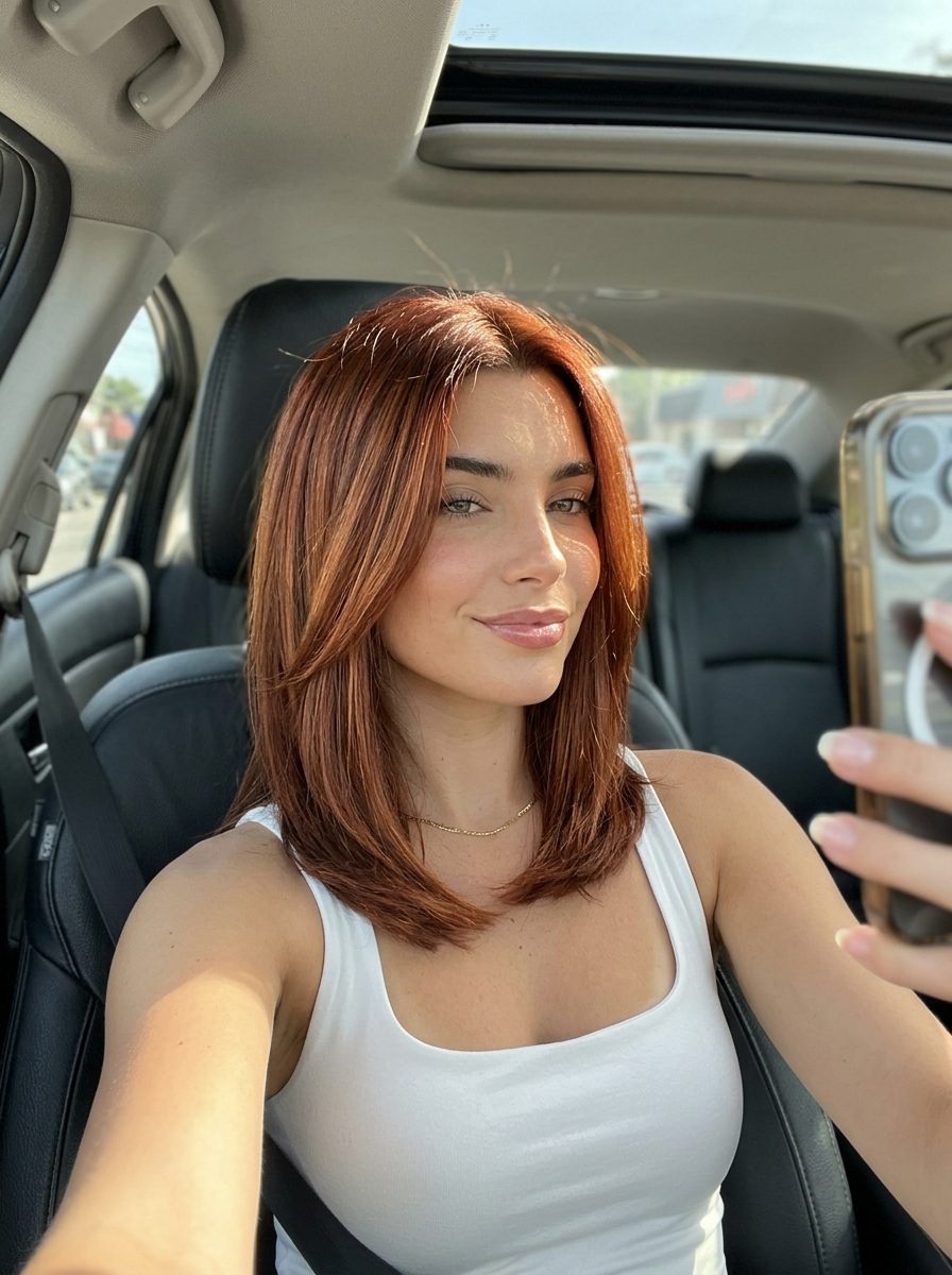 long balayage with deep metallic copper and bronze sheen, foilyage technique, no fringe — luxurious formal event