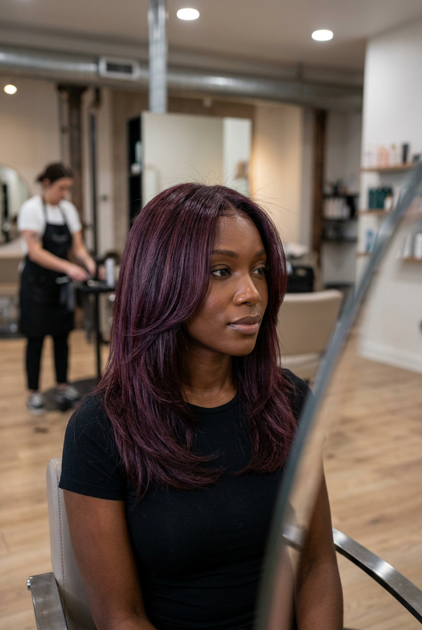 Enchanted Plum Air Touch Balayage 2026 long layered air touch balayage with deep plum, violet, berry, natural dark root, no fringe — bold festival look