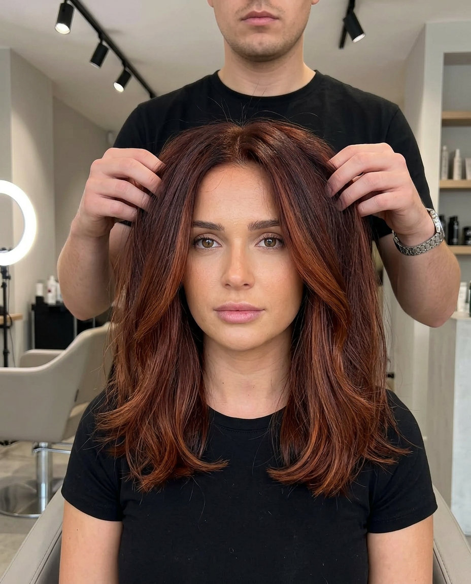 Mahogany Air Touch Balayage 2026 long layered air touch balayage with deep reddish-brown, warm copper, rich auburn, no fringe — luxurious dinner party look