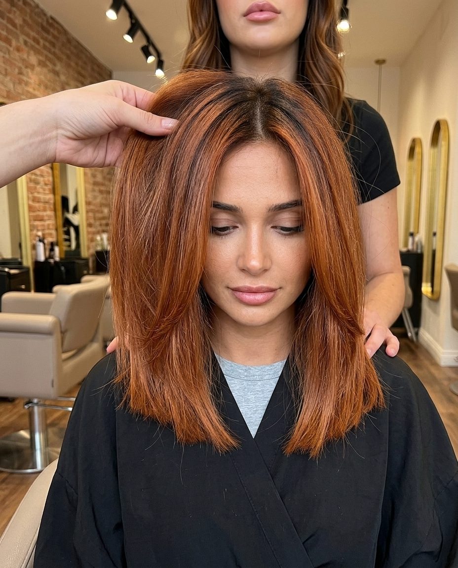 long balayage with deep true copper and copper-gold, feathering technique, no fringe — classic professional look