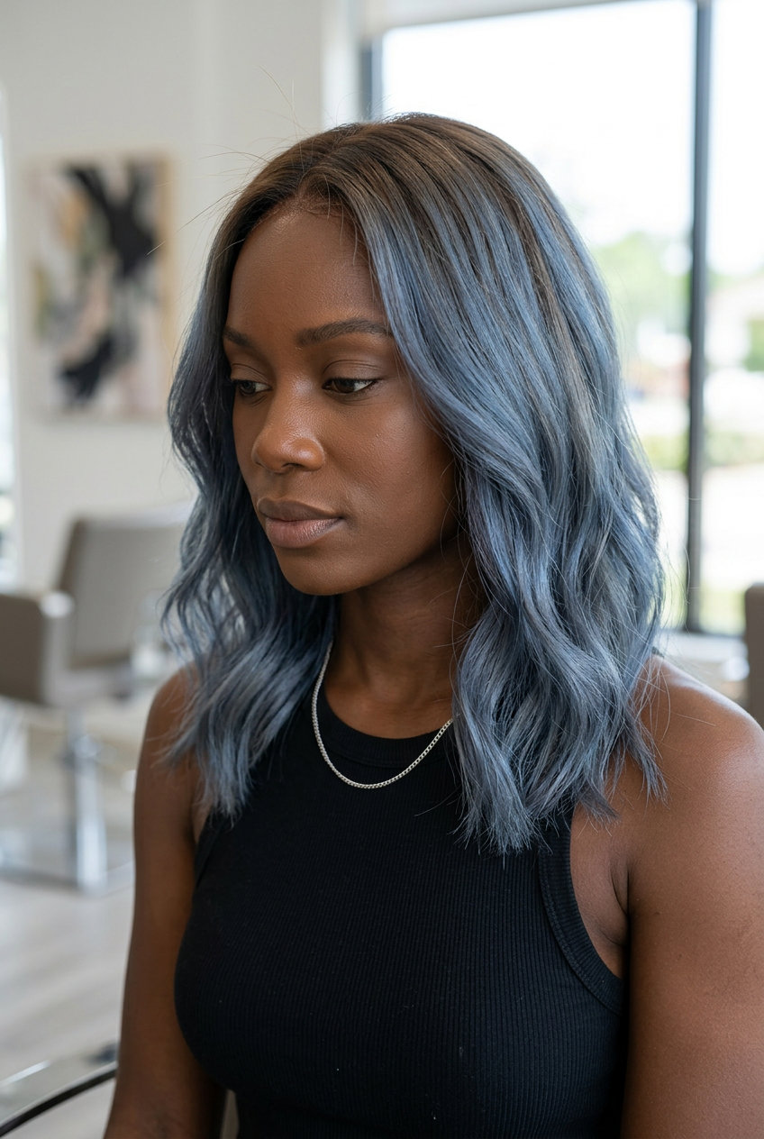 Denim Blue Air Touch Balayage 2026 long denim blue air touch balayage with dusty grey, subtle indigo — edgy concert look