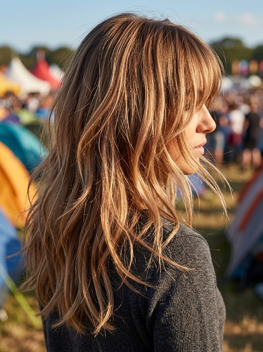 Boho Desert Clay Blonde Shag 2026 long shag with desert clay blonde, earthy caramel balayage, curtain bangs — boho