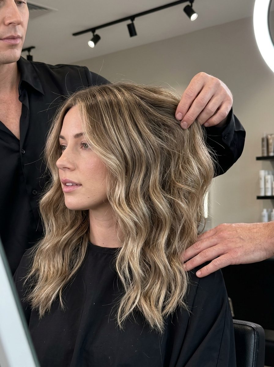 Coastal Dune Waves: Desert Clay Blonde 2026 long mid-back length with desert clay blonde balayage and long curtain bangs