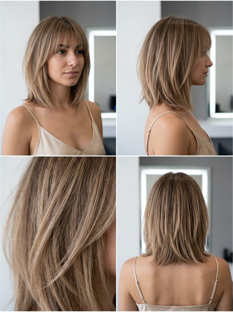 Choppy Bob 2026: Desert Clay Blonde medium-length desert clay blonde bob with choppy texture and airy fringe
