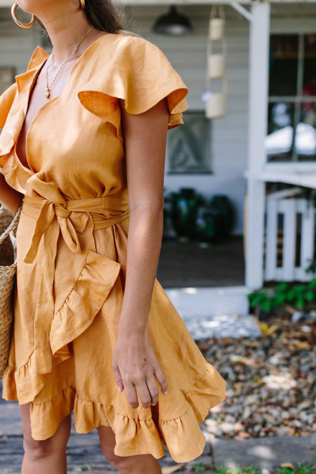 Mustard Yellow Linen Wrap Dress with Ruffles Mustard Yellow Linen Wrap Dress with Ruffles — DIY Dress Designs
