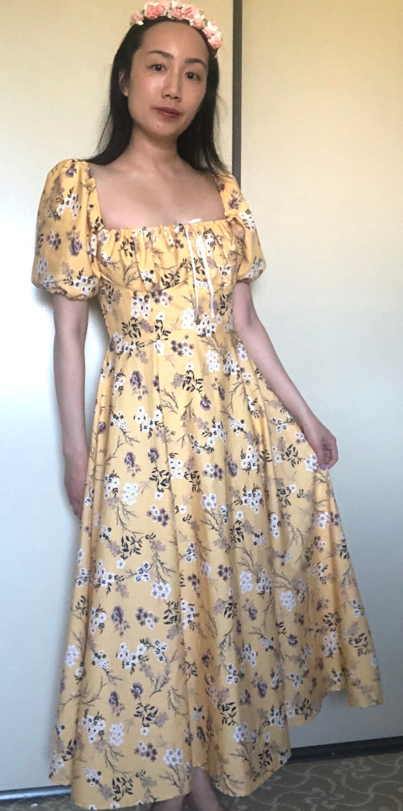 Yellow Floral Print Puff Sleeve Midi Dress Yellow Floral Print Puff Sleeve Midi Dress — DIY Dress Designs