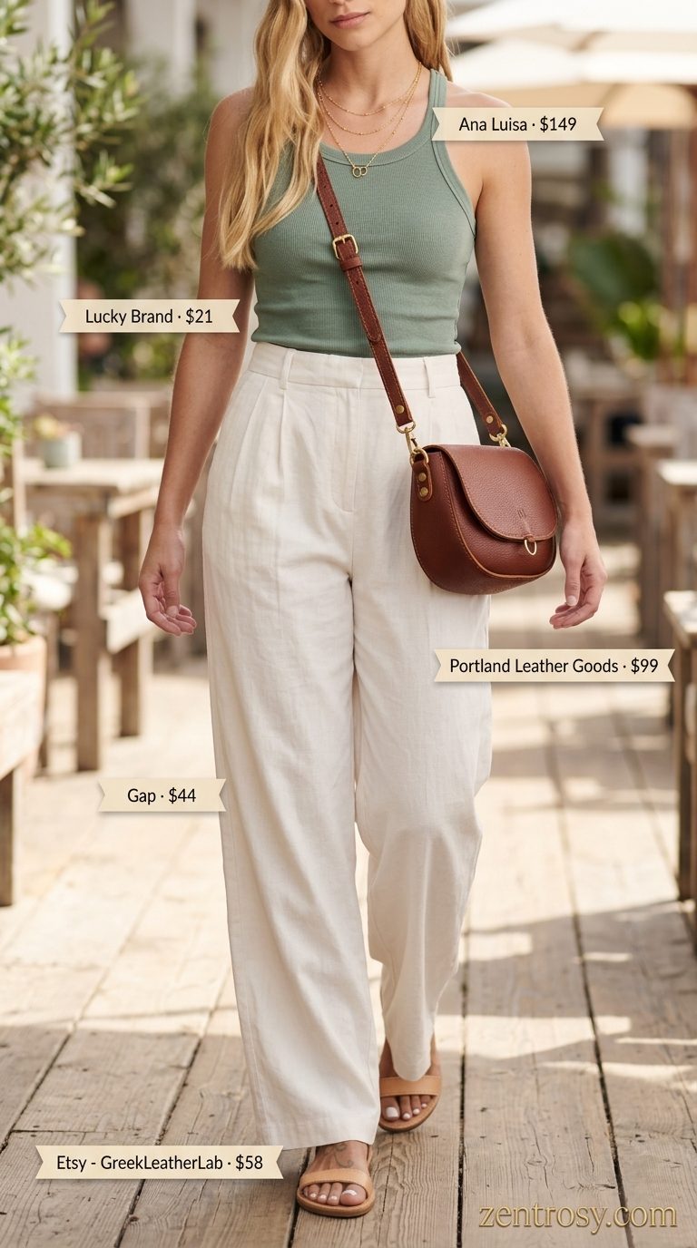 Cream high-waisted linen trousers with sage tank & leather sandals. Mistake: High-waisted trousers shown, not low-waist.