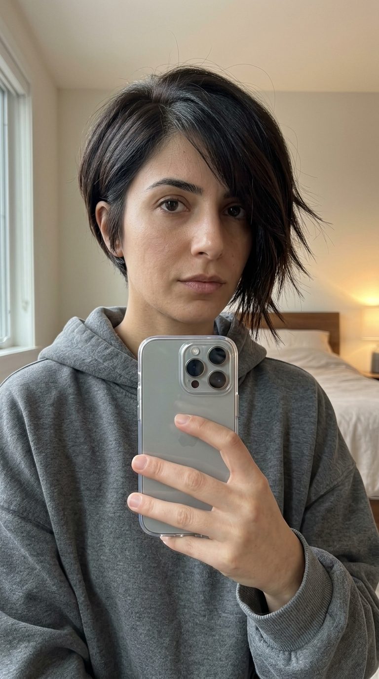 long asymmetrical haircut espresso brunette with near-black depth, razored edges, angled fringe — bold avant-garde