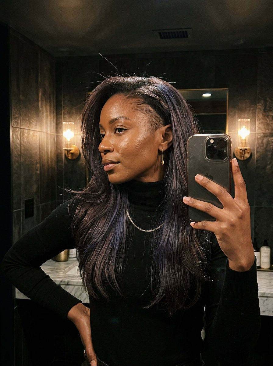 long v-cut layers espresso brunette with cool undertones, dramatic undercut, point-cut texture — edgy rebellious