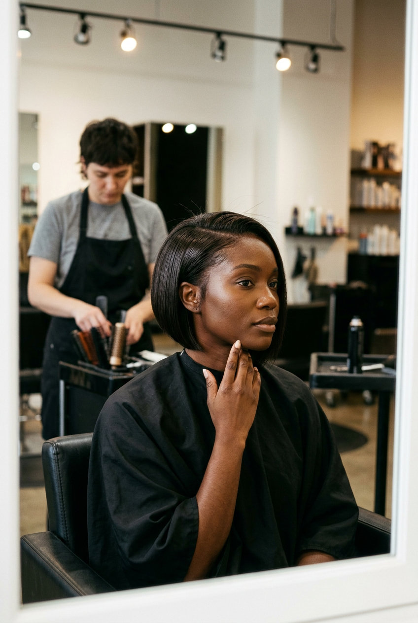 short asymmetrical espresso brunette cut with double shot cool blue-violet undertones, sculpted sharp lines, bold edgy
