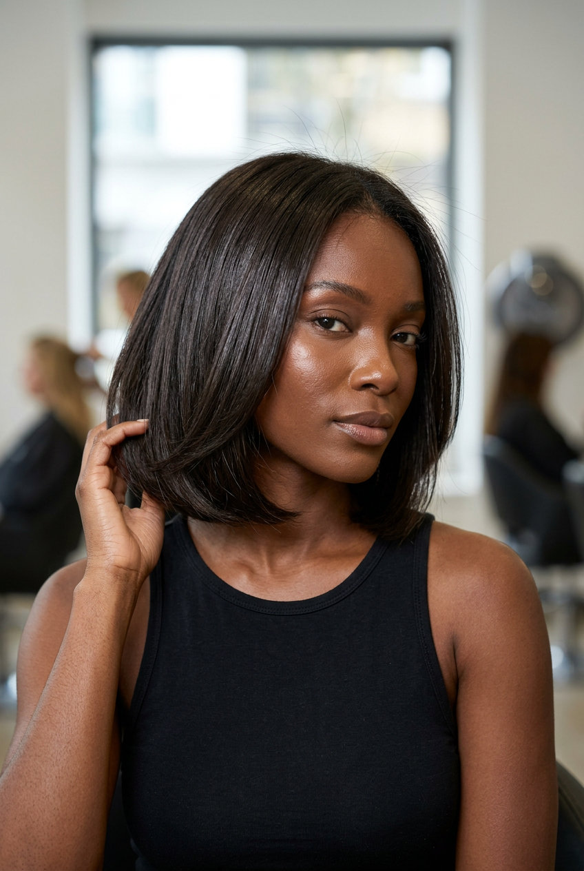 shoulder-length blunt bob espresso brunette with double shot espresso color, high-gloss finish for sophisticated events