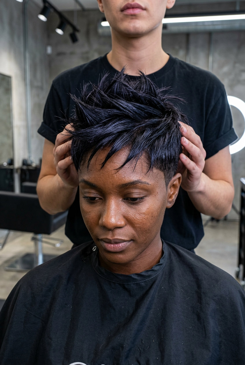 very short pixie haircut espresso brunette with high-gloss finish, undercut, spiky top layers — edgy modern punk