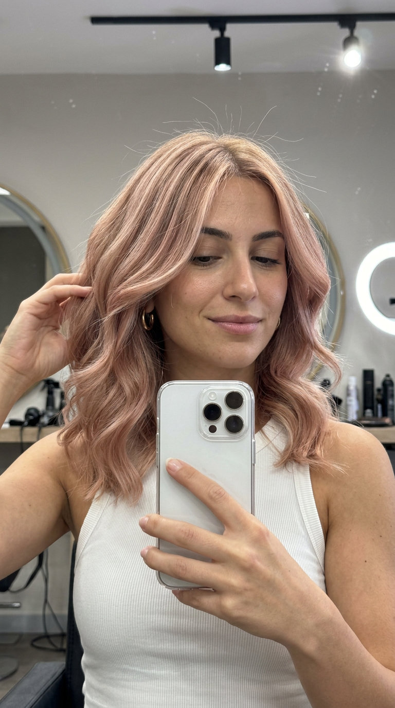 Rose Gold Air Touch Balayage 2026 long layered air touch balayage with dusty rose, warm gold, champagne pink, no fringe — romantic garden party look