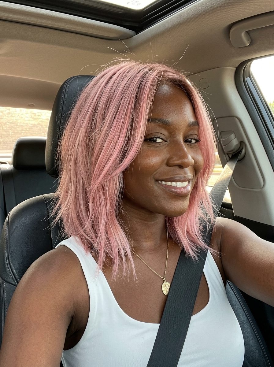 Playful Pastel Pink Bob 2026 medium dusty rose pink bob with pastel pink highlights, beige root smudge and point-cut ends for summer