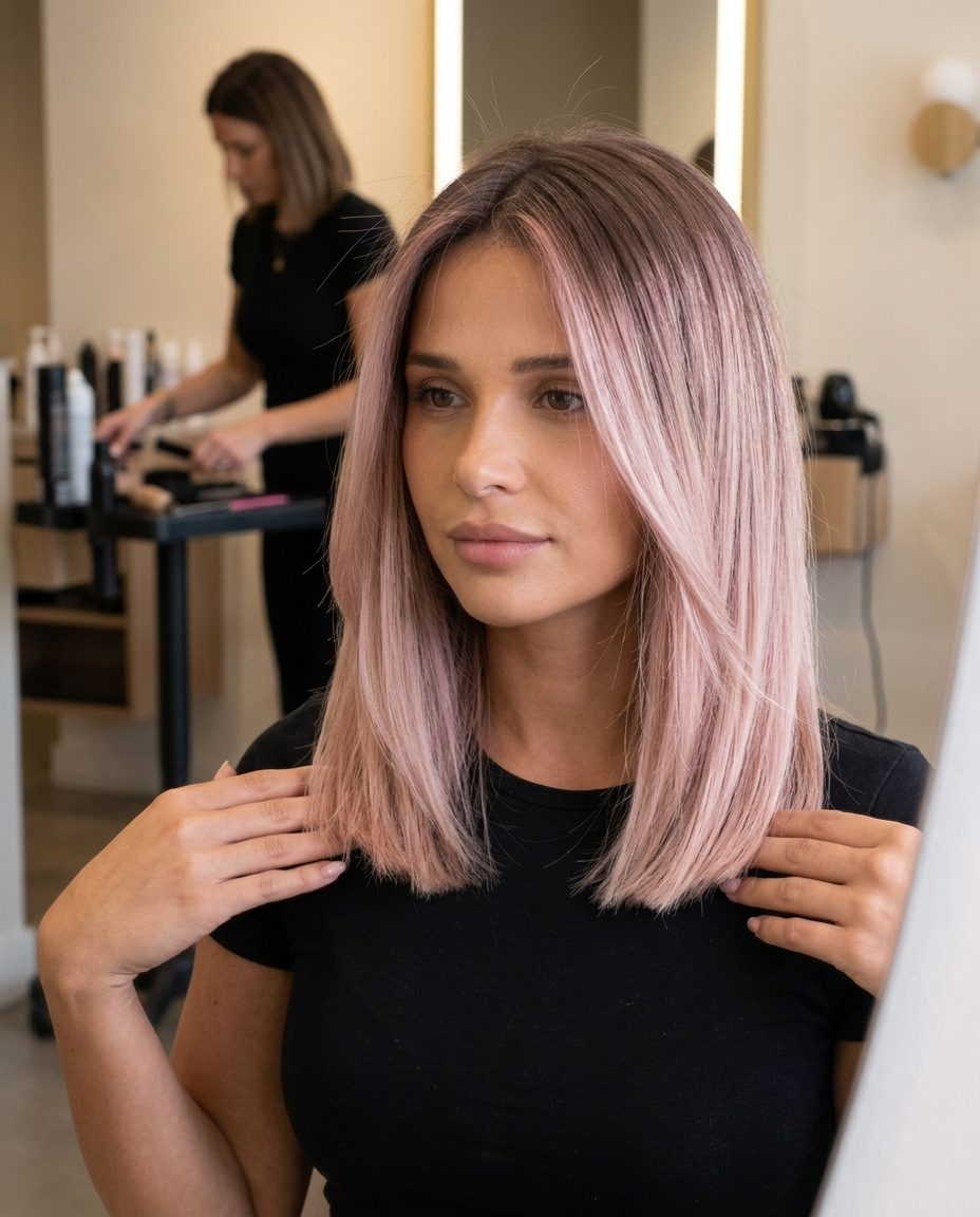 Dusty Rose Strawberry Color Melt 2026 shoulder-length dusty rose strawberry color melt with frosted pink blonde, cool brown root, sleek cut — formal event